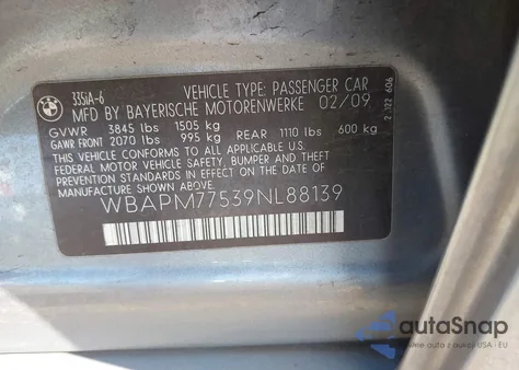 2009 BMW 335I z USA, uszkodzony, nr VIN WBAPM77539NL88139